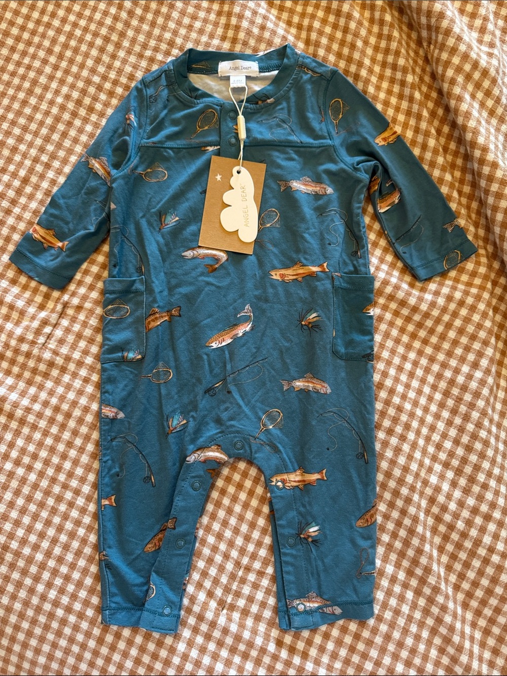 Angel Dear Teal Fishing Print Baby One-Piece